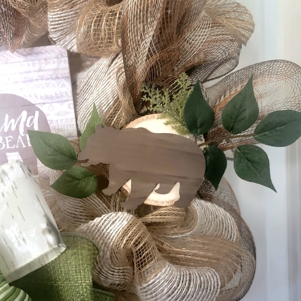 Moma Bear Wreath Jute Deco Mesh Bow Wood Cabin Country Farmhouse Mother's Day - Picture 7 of 8